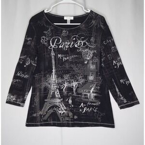 Dressbarn Y2k Vtg Top Womens XL Black White Sequin Graphic 3/4 Paris Grunge